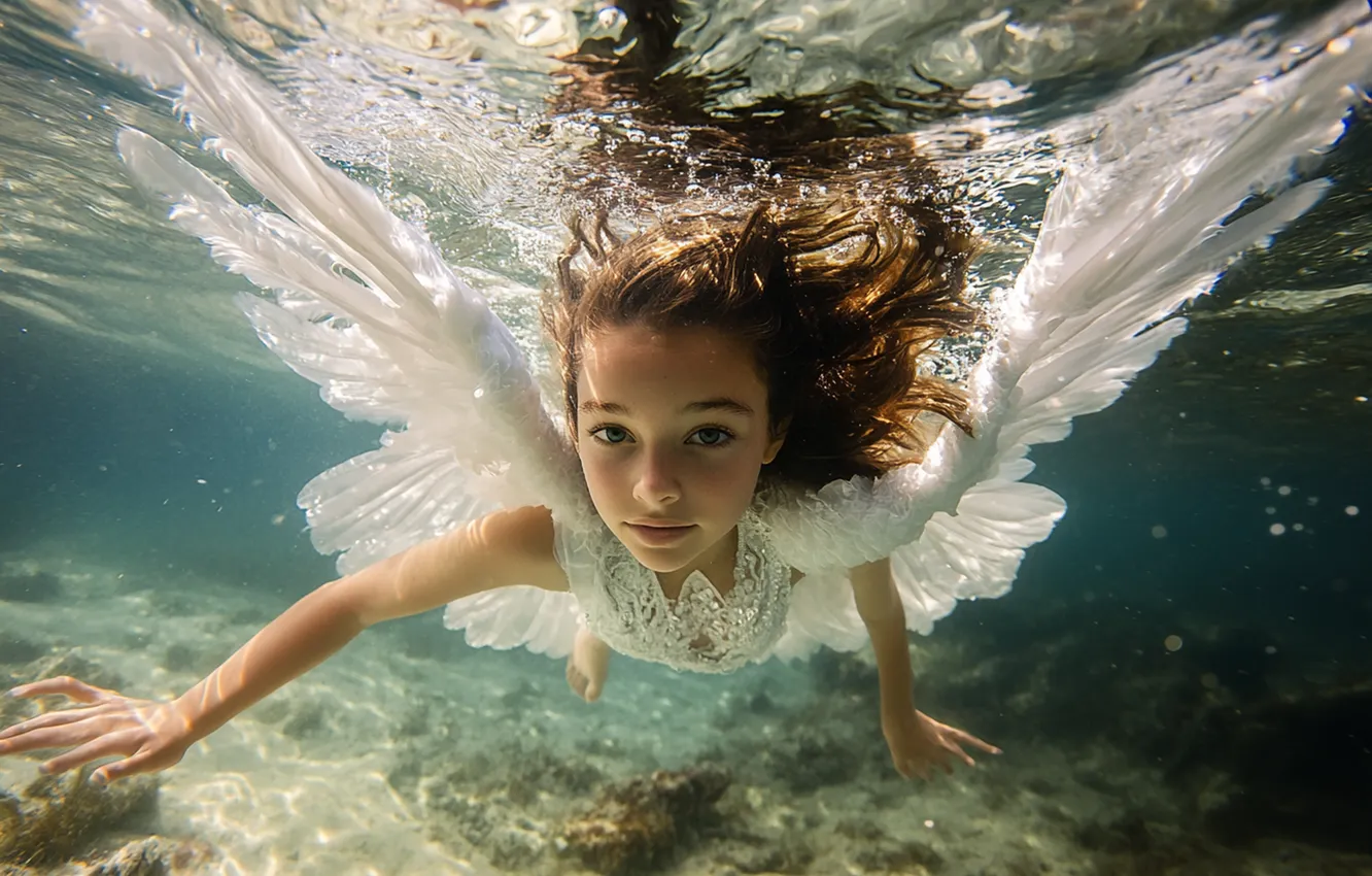 Photo wallpaper look, water, pose, wings, angel, hands, bathing, fantasy