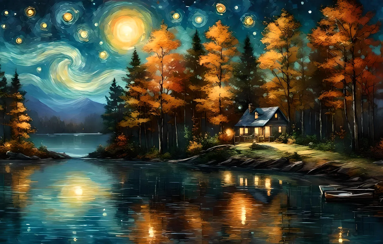 Photo wallpaper autumn, forest, night, boat, house, pond, AI art, neural network