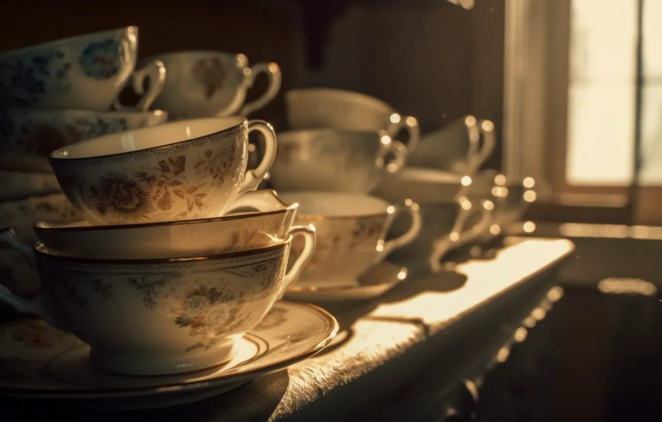 Photo wallpaper light, table, window, mug, Cup, dishes, still life, a lot