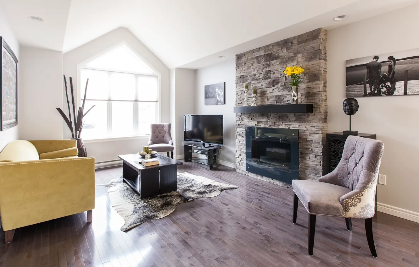 Photo wallpaper sofa, interior, fireplace, living room, Mid-Century Modern