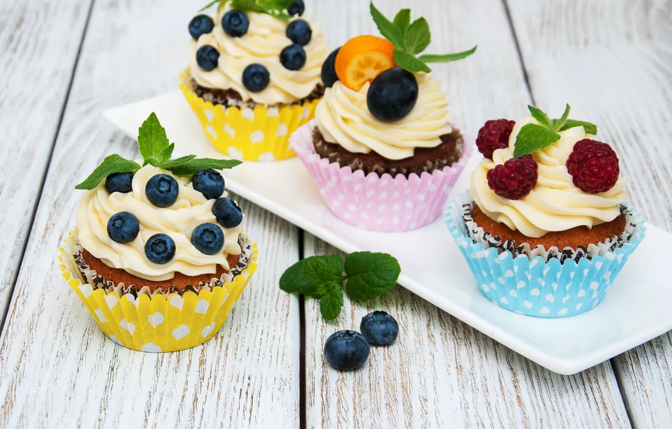 Photo wallpaper berries, blueberries, cream, cupcakes, Olena Rudo