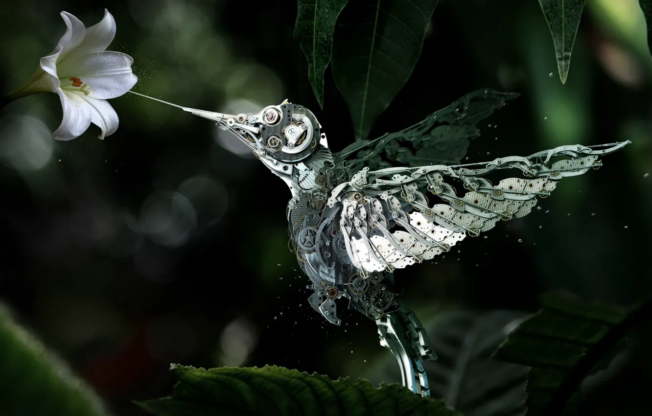 Photo wallpaper flower, mechanism, robot, Hummingbird