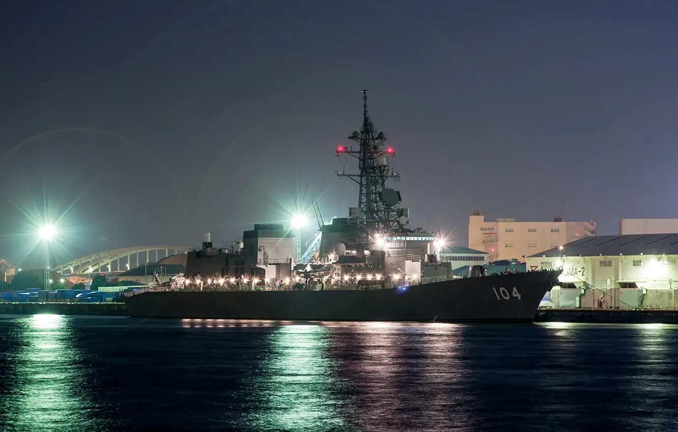 Photo wallpaper night, lights, ship, military