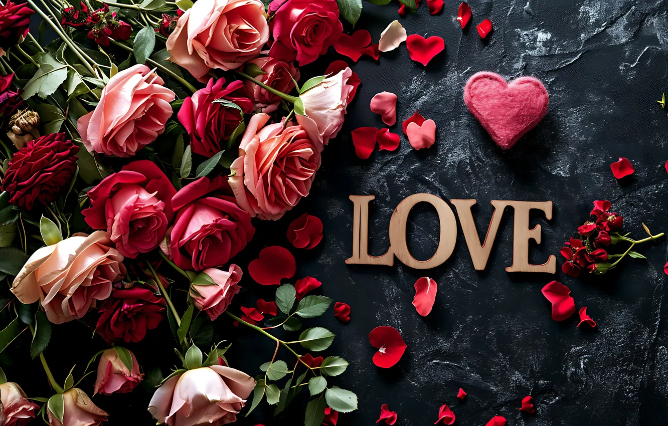 Photo wallpaper love, flowers, romance, heart, roses, love, Valentine's day, flowers