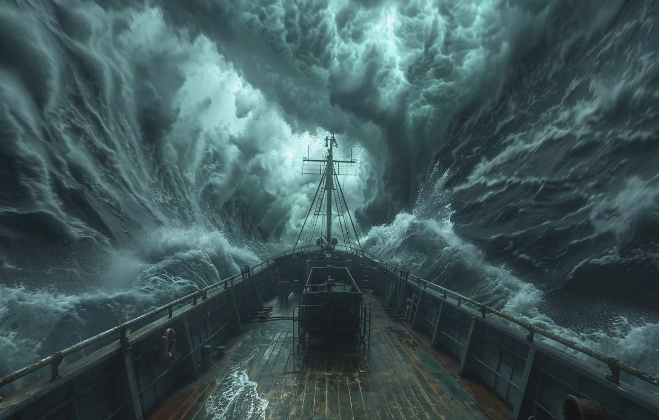 Photo wallpaper Sea, Wave, Ship, Storm, Digital art, AI art, The Art of Artificial Intelligence, Neural network