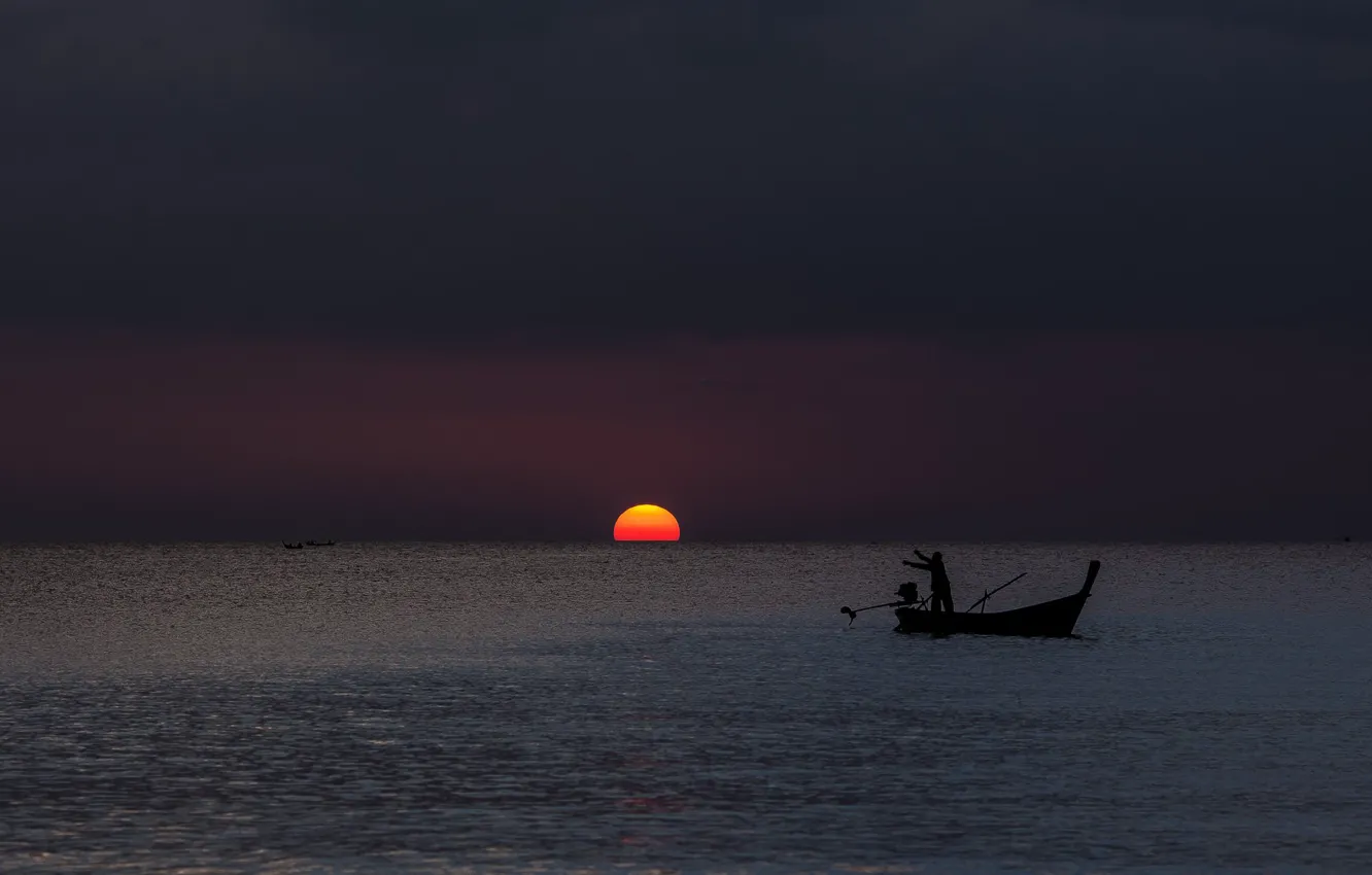 Photo wallpaper sea, sunset, boat, fisherman