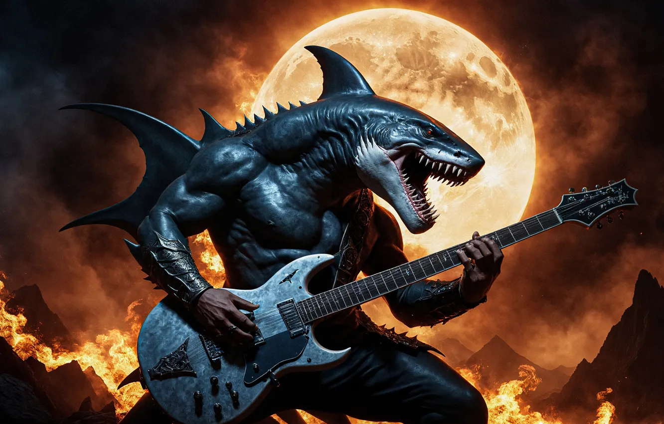 Photo wallpaper night, the moon, guitar, man, shark, concert