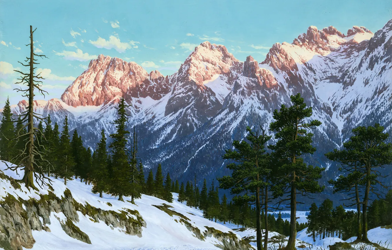 Photo wallpaper winter, snow, trees, mountains, picture, German artist, Rudolf Reschreiter, Rudolf Reschreiter