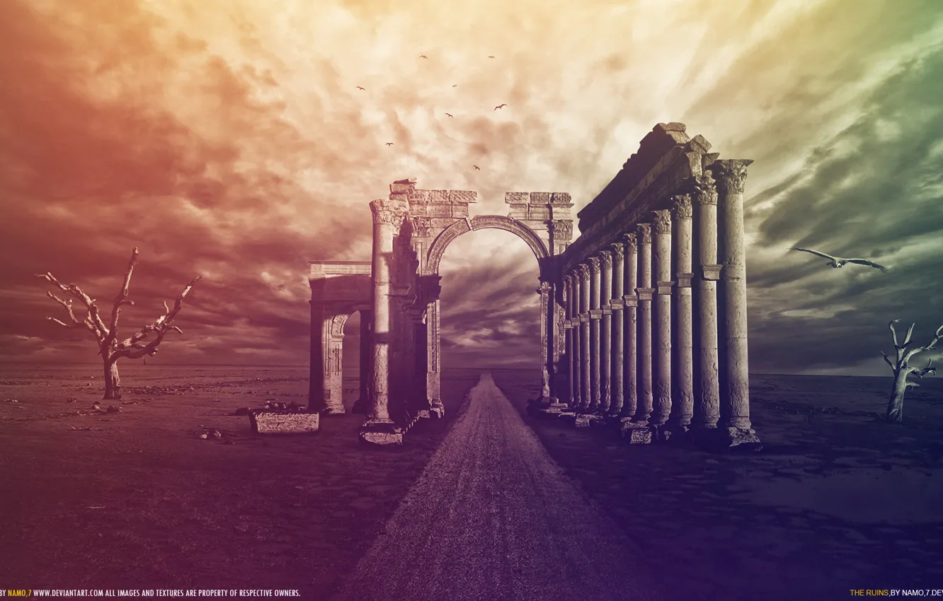 Photo wallpaper the sky, void, color, trees, birds, the wind, columns, ruins