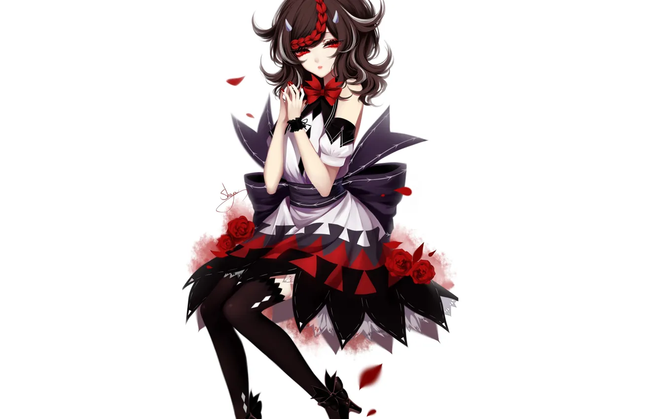 Photo wallpaper girl, style, roses, white background, braids, horn, touhou, Touhou