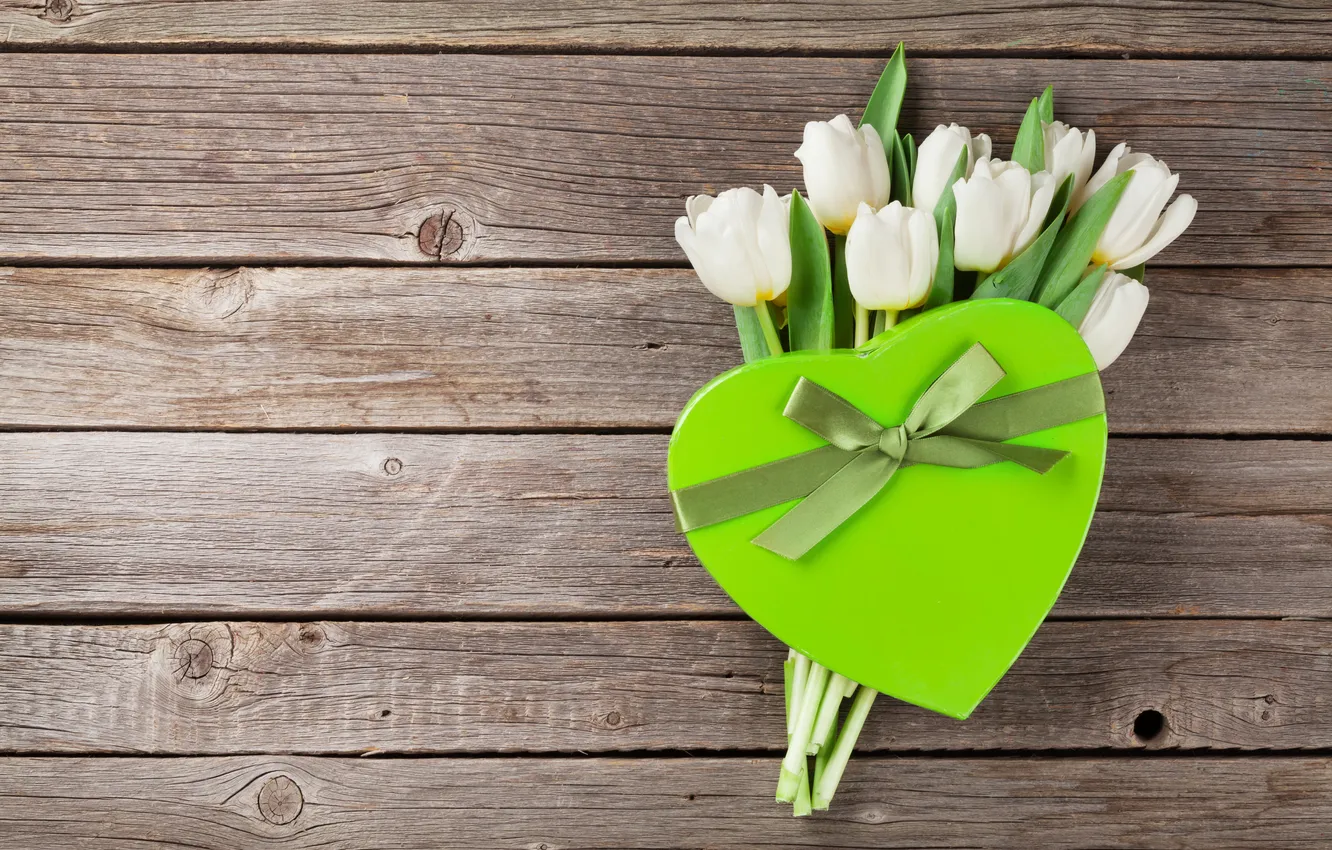 Photo wallpaper flowers, gift, bouquet, tulips, love, white, heart, wood