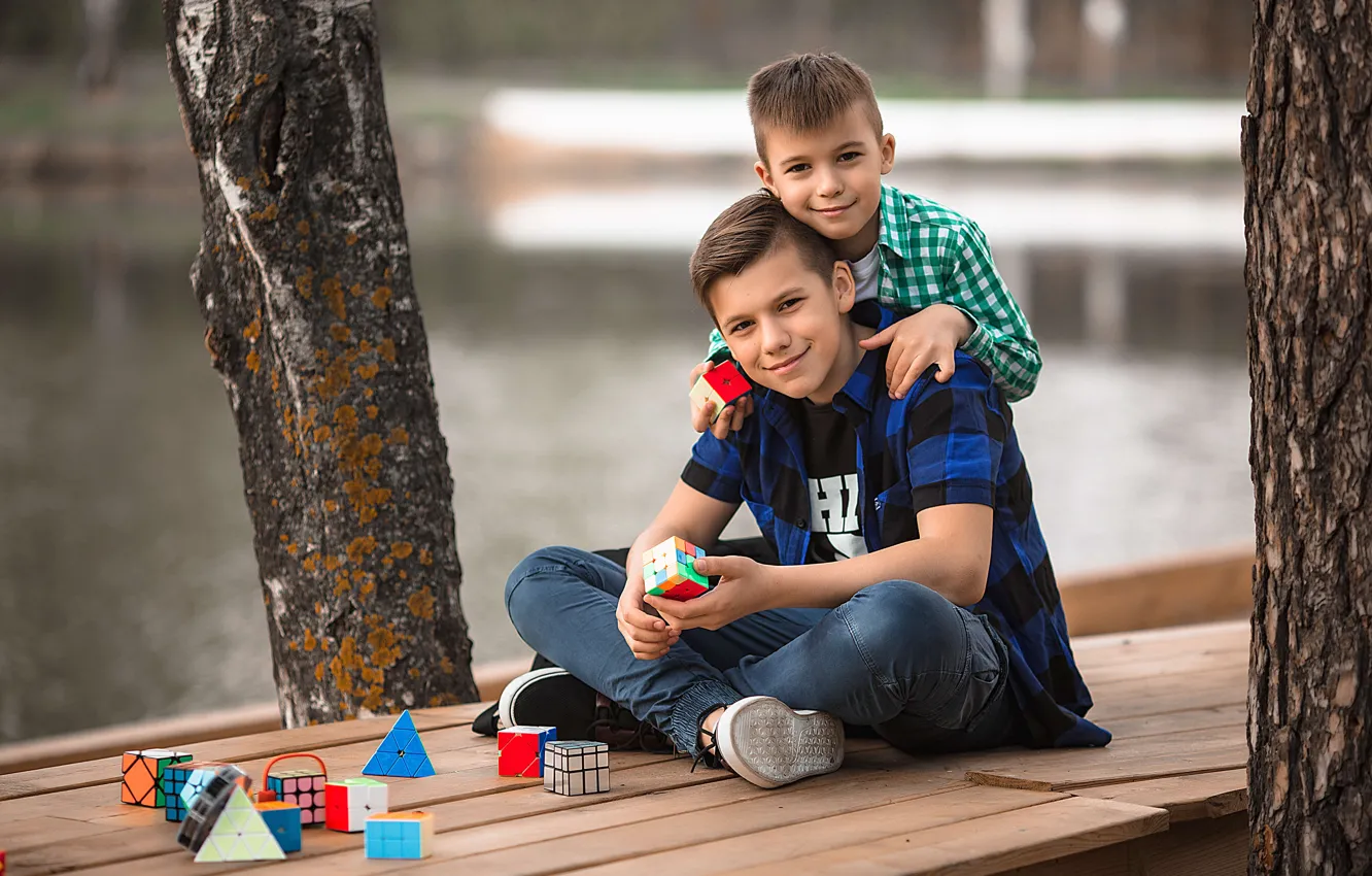 Photo wallpaper children, boy, brothers, puzzle, teen, Vladimir Vasiliev, Rubik's cubes