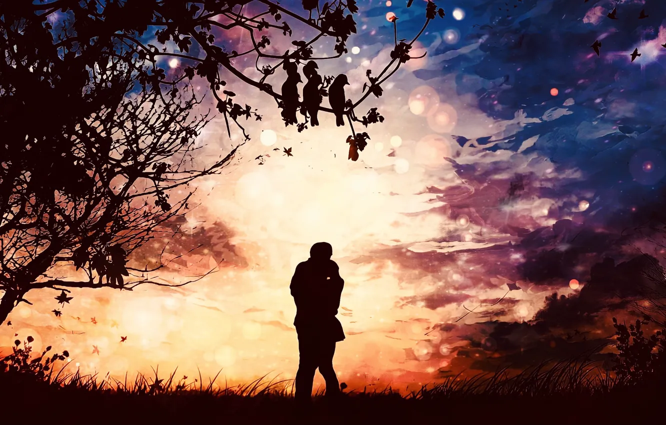 Photo wallpaper sunset, nature, lovers