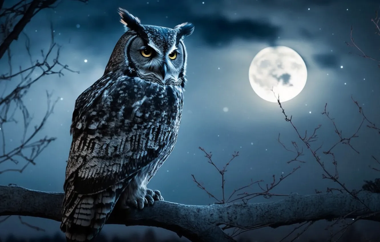 Photo wallpaper look, clouds, trees, night, branches, nature, owl, bird
