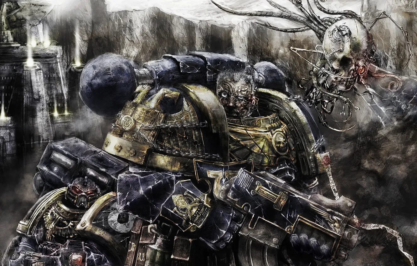 Photo wallpaper warhammer 40k, bolter, space marines, ultramarines, flying skull, imperium, grenade, heavy bolter