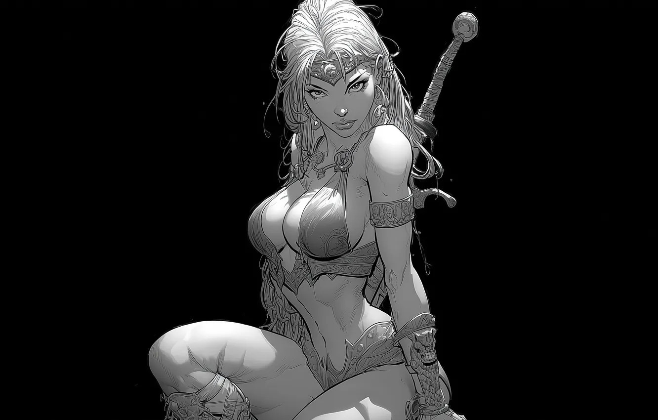 Photo wallpaper black, monochrome, women, Illustration, drawing, Barbarian, bare shoulders, looking at viewer