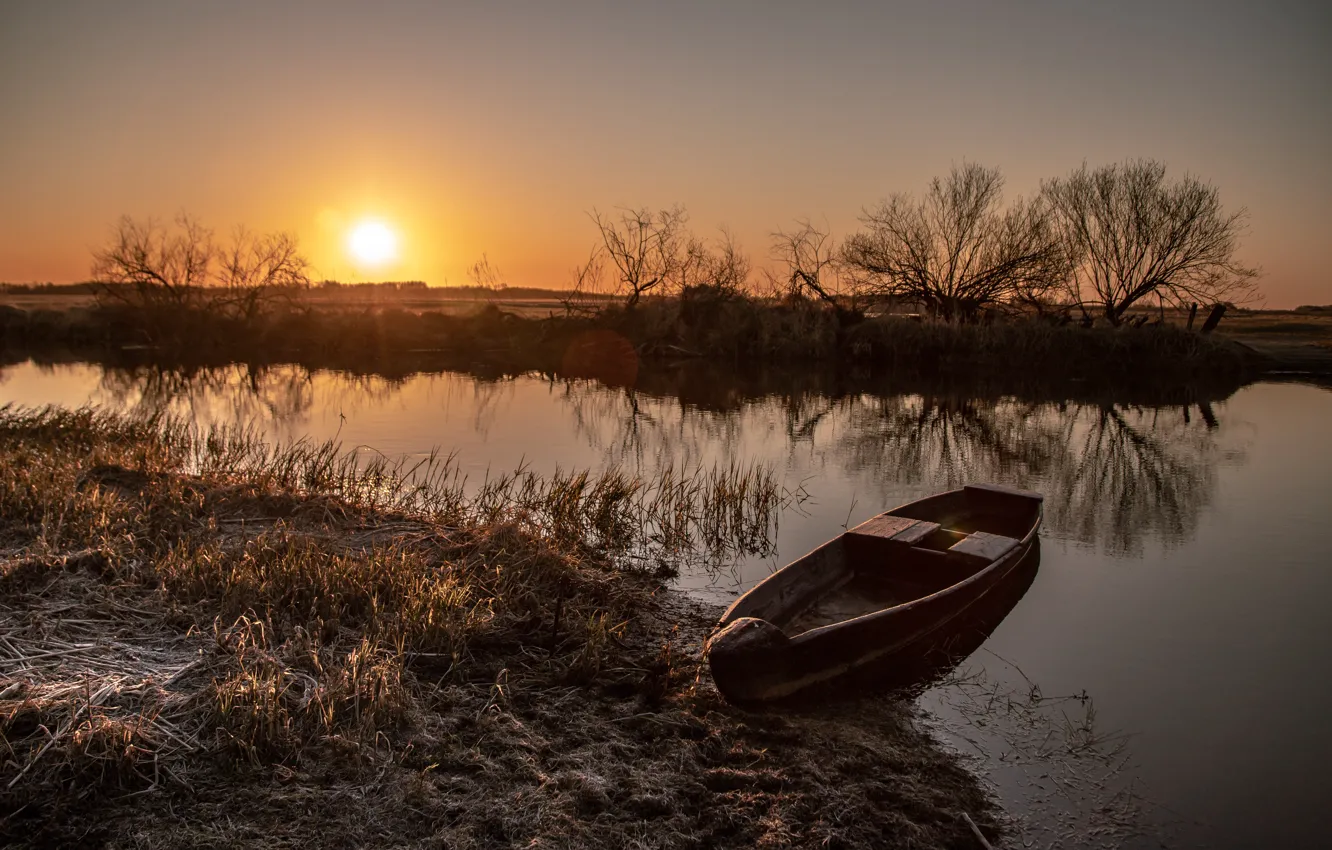 Photo wallpaper sunset, river, boat