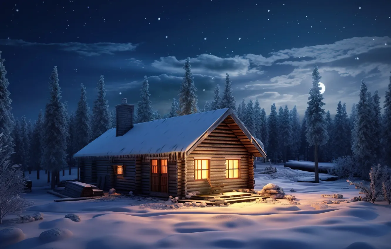 Photo wallpaper winter, forest, snow, night, house, hut, forest, Christmas