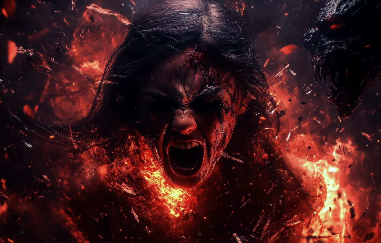 Photo wallpaper anger, fire, flame, blood, the demon, demon, fire, horror