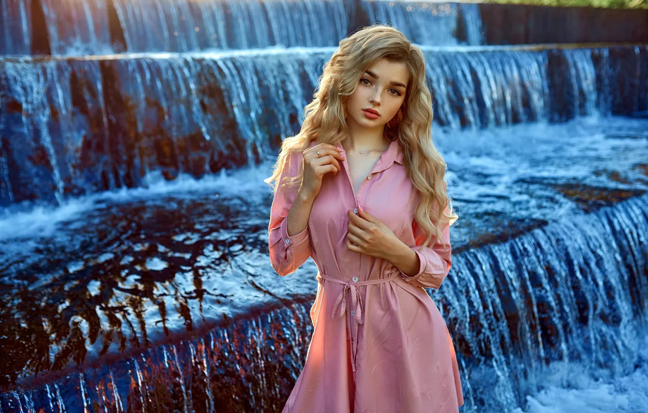 Photo wallpaper look, girl, pose, waterfall, blonde, cascade, long hair, Andrey Metelkov