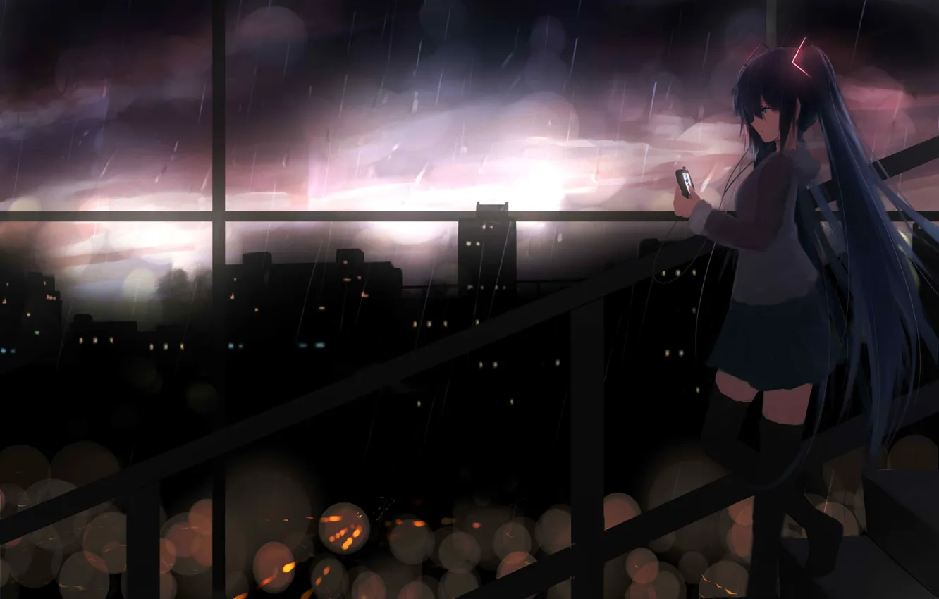 Photo wallpaper girl, the city, rain, anime, headphones, art, vocaloid, hatsune miku