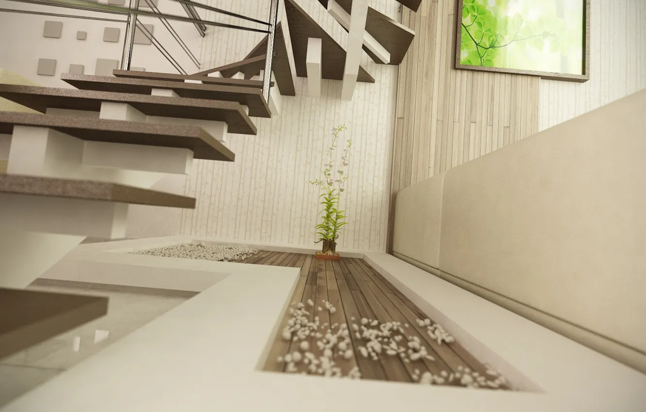 Photo wallpaper room, plant, art, ladder, steps, render, decor