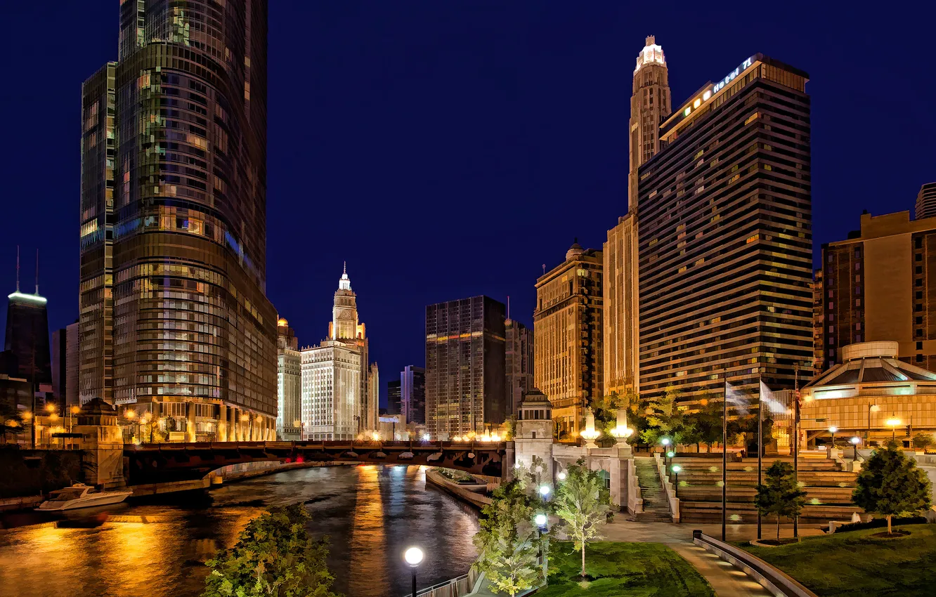 Photo wallpaper night, bridge, lights, river, street, home, Chicago, USA