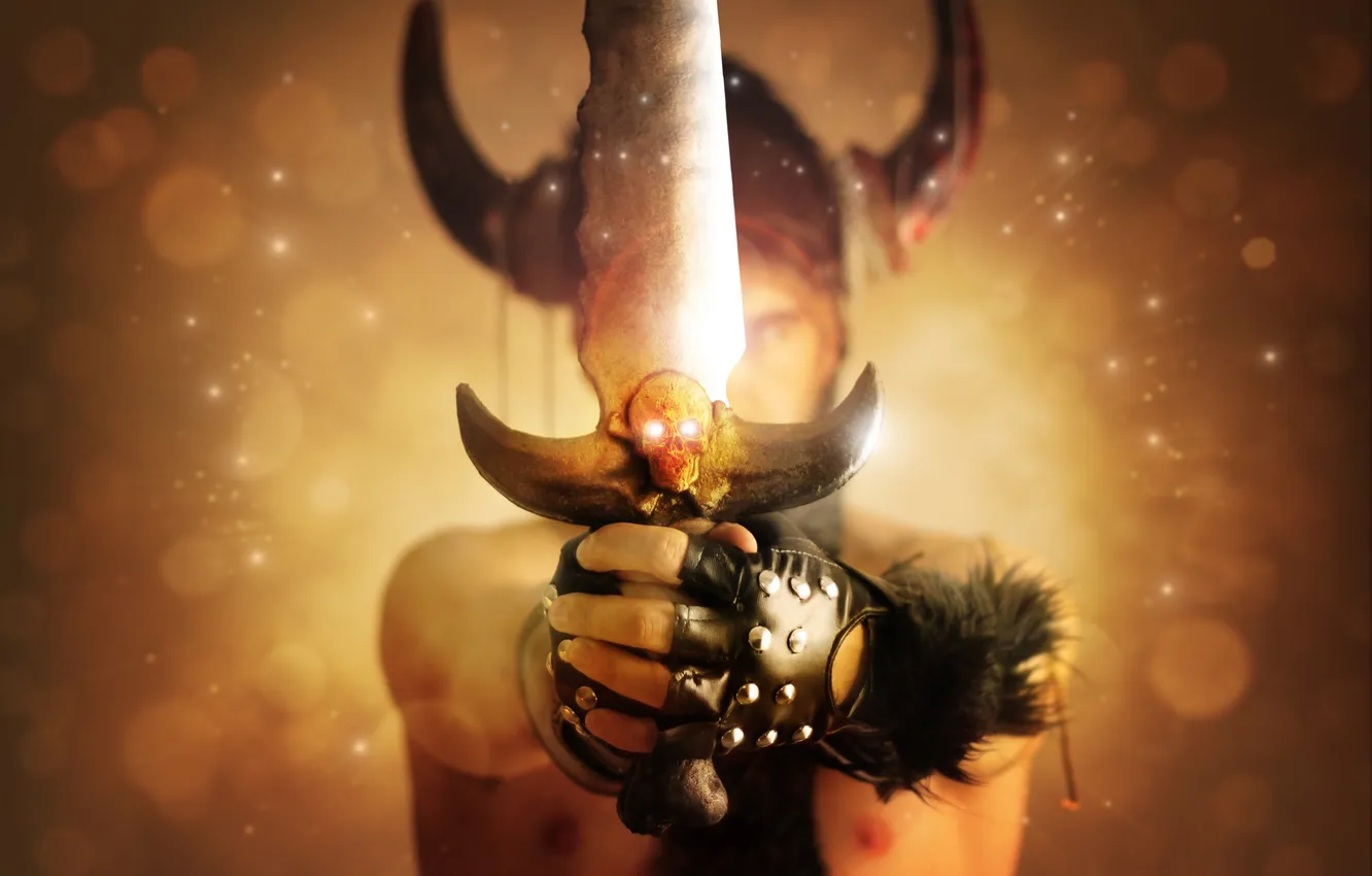 Photo wallpaper weapons, fiction, sword, hands, horns, male, Warriors