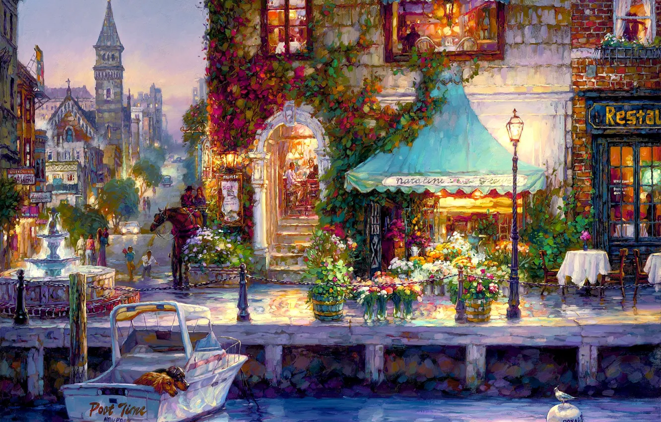Photo wallpaper flowers, the city, river, boat, home, the evening, lights, restaurant