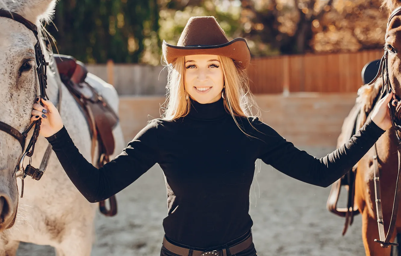 Photo wallpaper horse, in black, woman, hands, bridle, look, Racecourse, girl