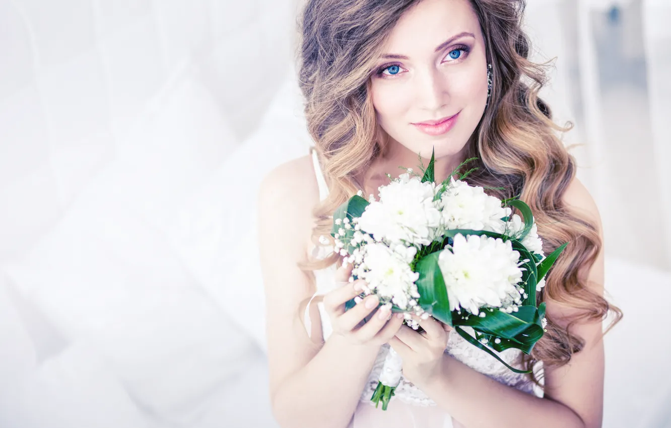 Photo wallpaper look, girl, flowers, bouquet, hairstyle, the bride, curls