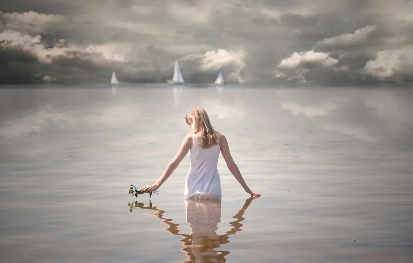 Photo wallpaper girl, flowers, sail, in the water