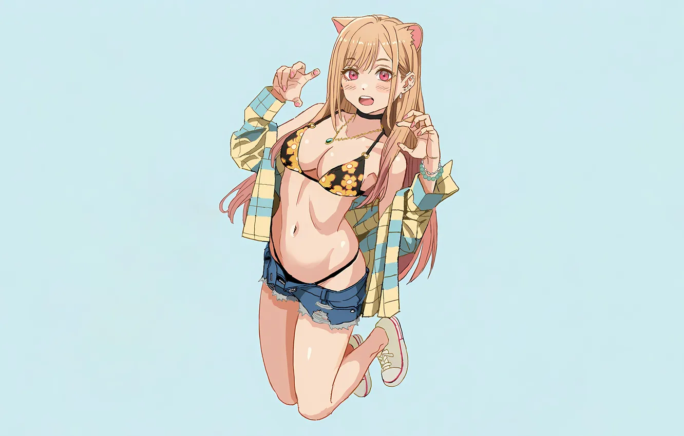 Photo wallpaper girl, sexy, cleavage, shorts, long hair, legs, boobs, sexy girl