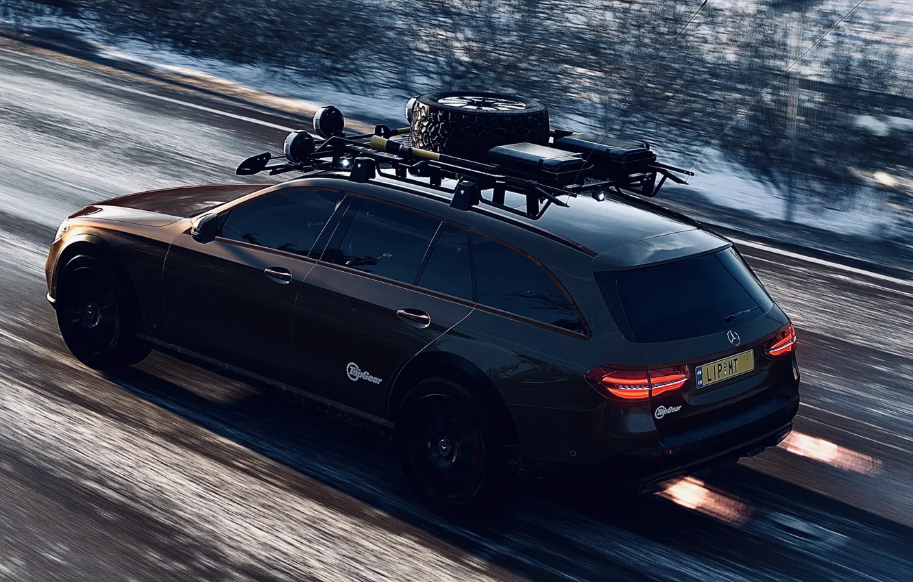 Photo wallpaper HDR, fire, Mercedes, Benz, game, winter, snow, E Class