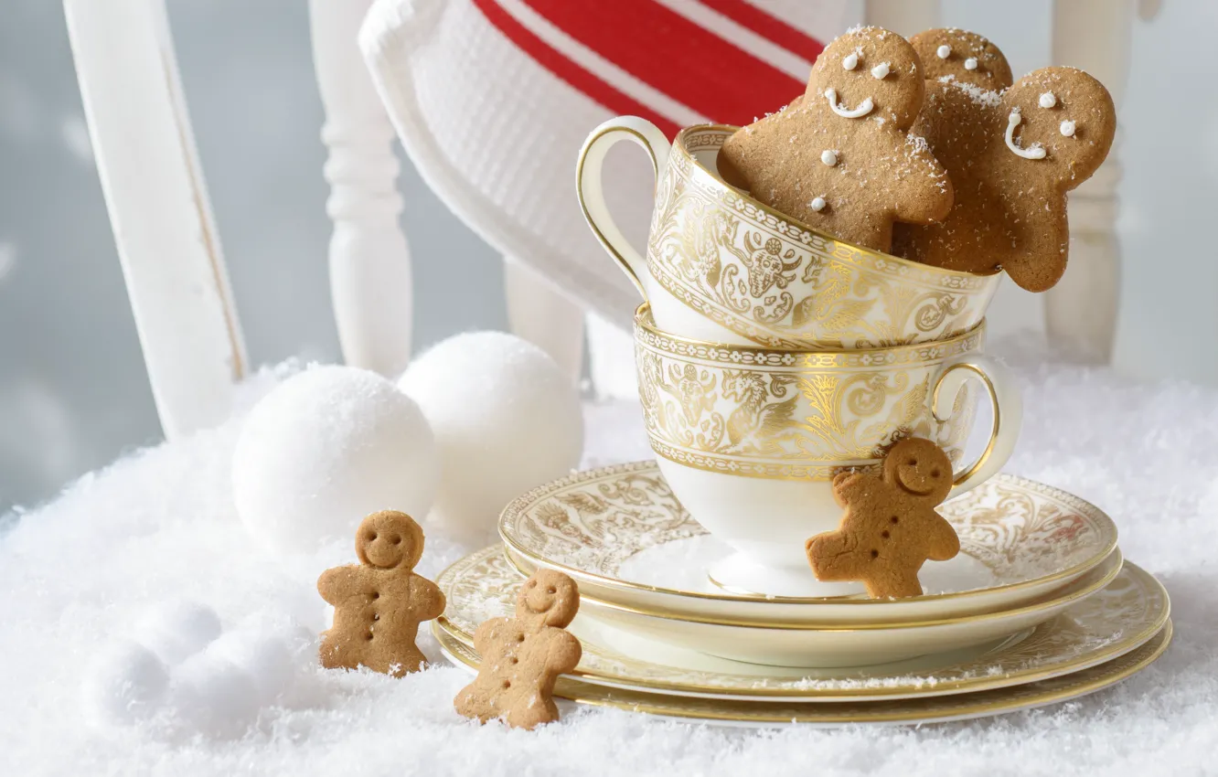 Photo wallpaper plate, mug, snow, gingerbread