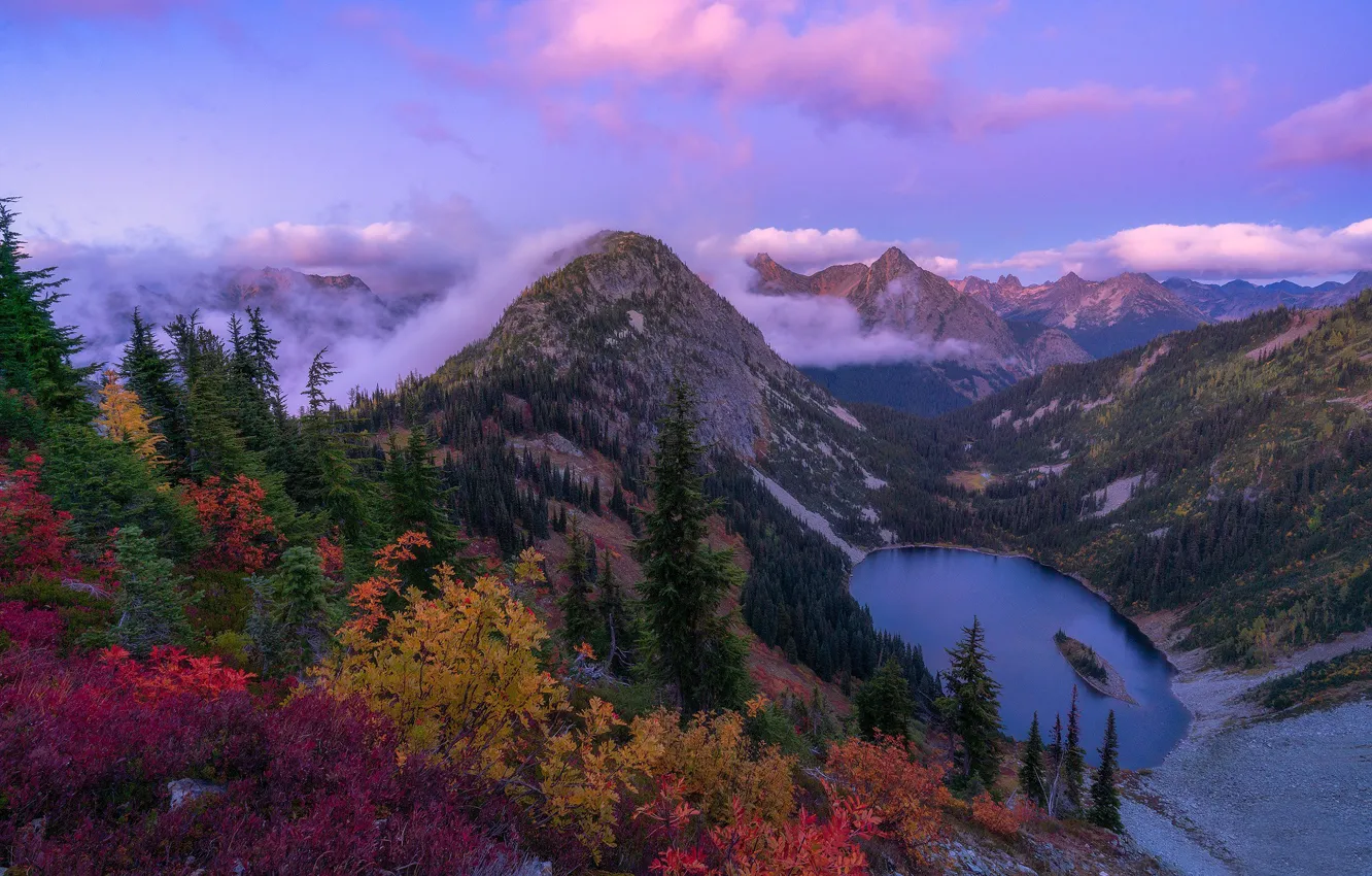 Photo wallpaper autumn, trees, mountains, lake, Washington, The cascade mountains, Washington State, Cascade Range