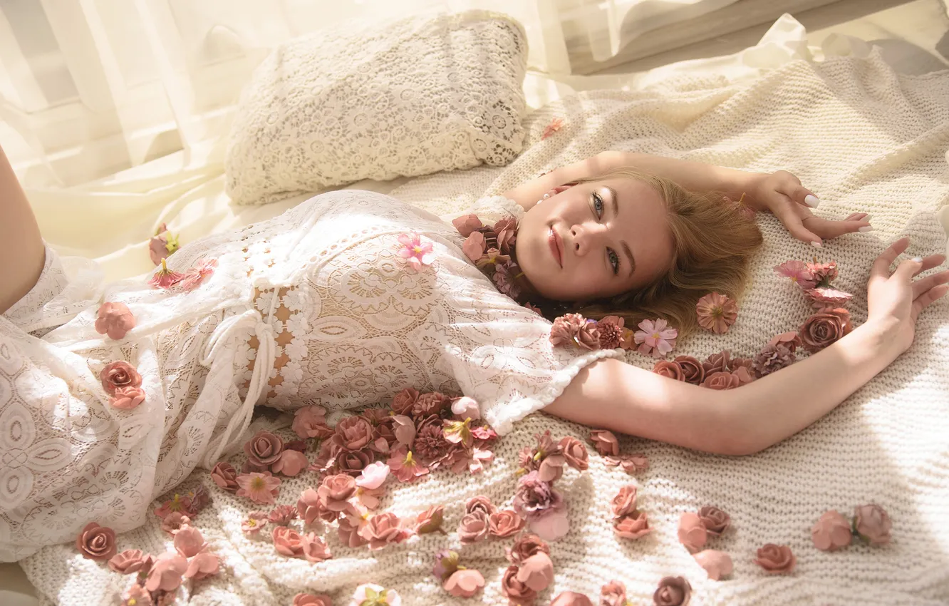 Photo wallpaper girl, flowers, pose, mood, hands, dress, blonde, Dasha