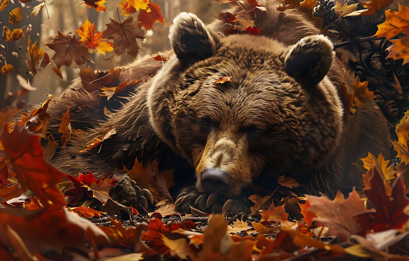 Photo wallpaper face, leaves, predator, bear, brown bear, digital art, AI art, The Art of Artificial Intelligence