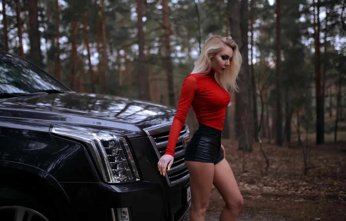 Photo wallpaper car, Cadillac, girl, forest, Model, shorts, legs, trees