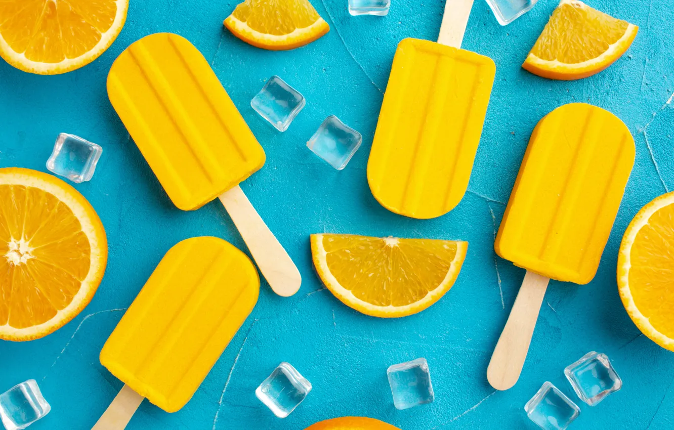 Photo wallpaper background, oranges, ice cream, Popsicle, slices, ice cubes, orange