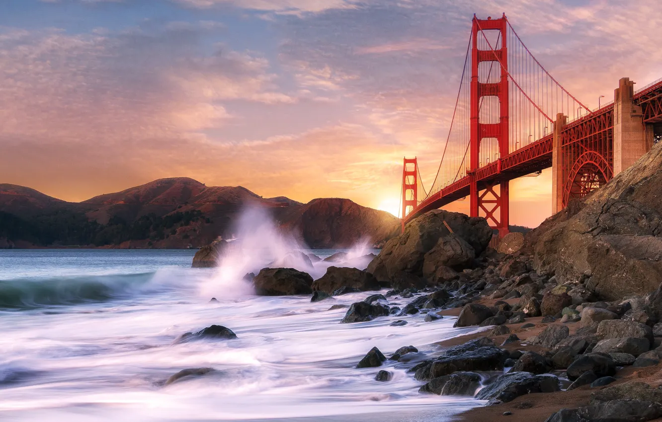 Photo wallpaper sea, bridge, stones, rocks, San Francisco, Golden Gate, USA