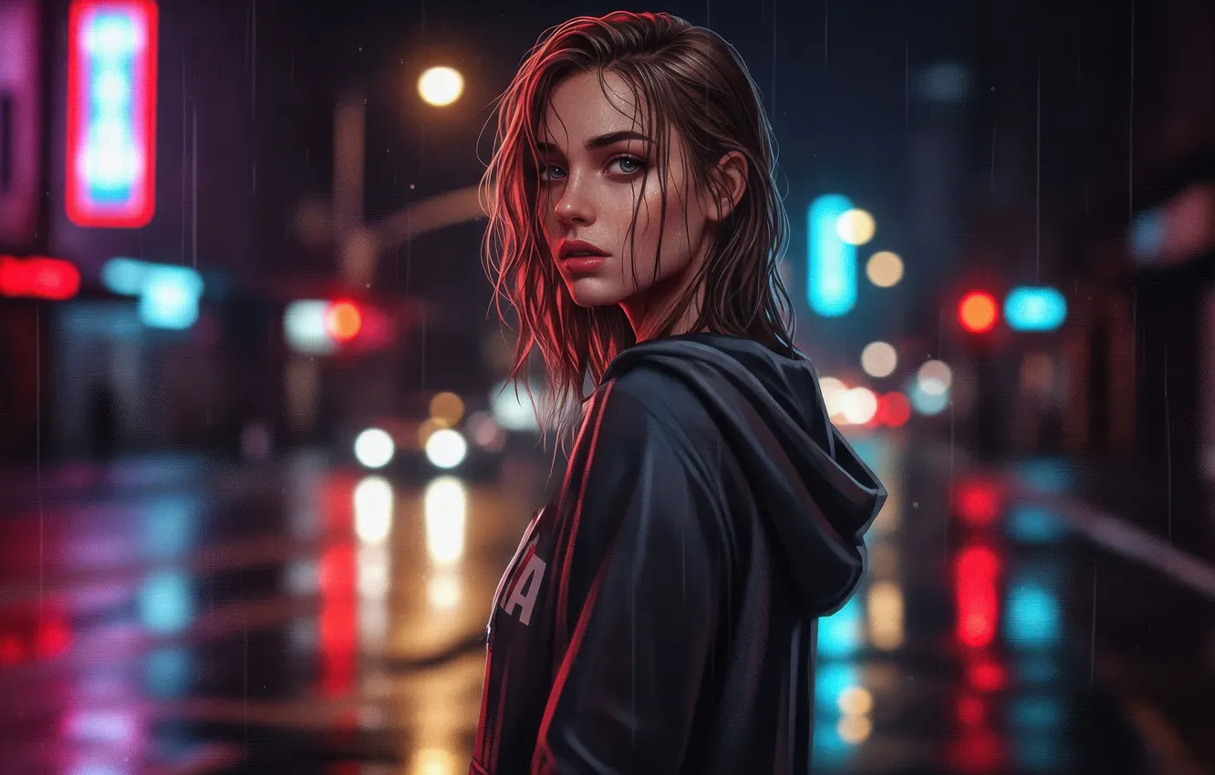 Photo wallpaper girl, rain, shadows, neon