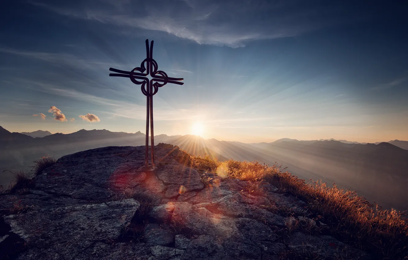 Photo wallpaper the sky, the sun, rays, mountains, glare, sign, tops, cross