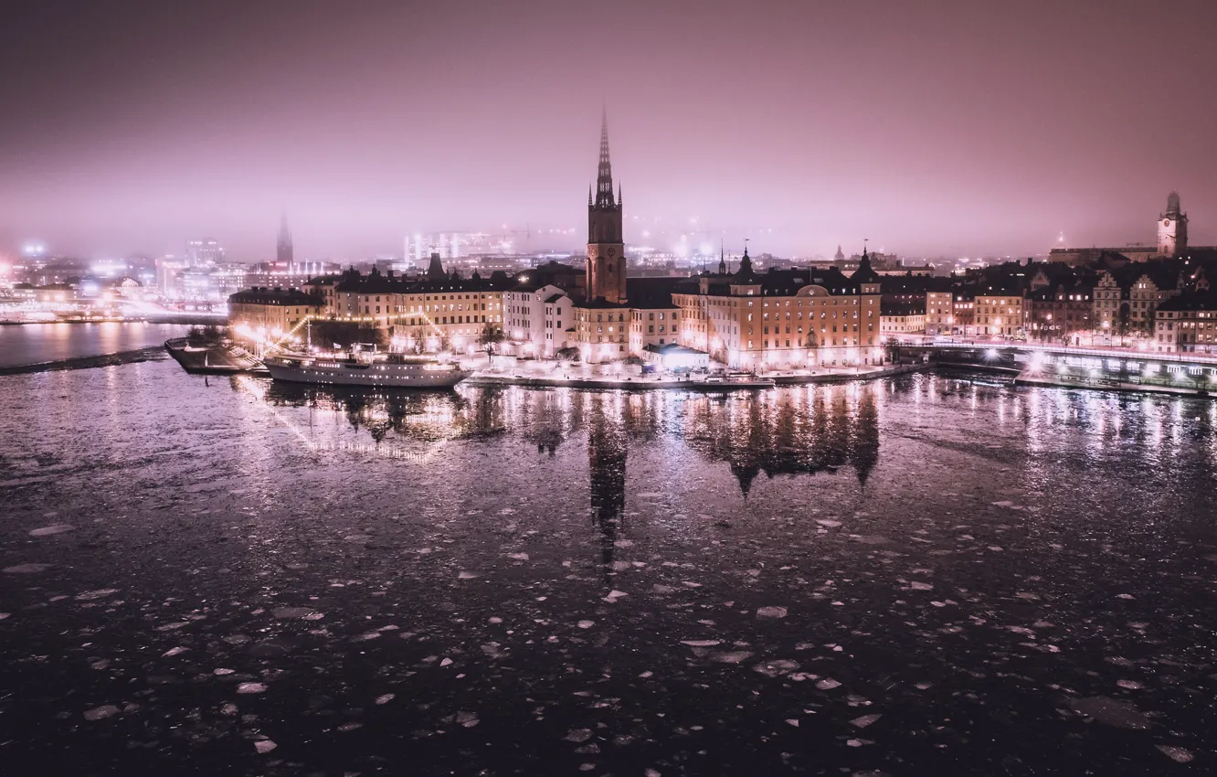 Photo wallpaper the city, fog, Old Town, Stockholm