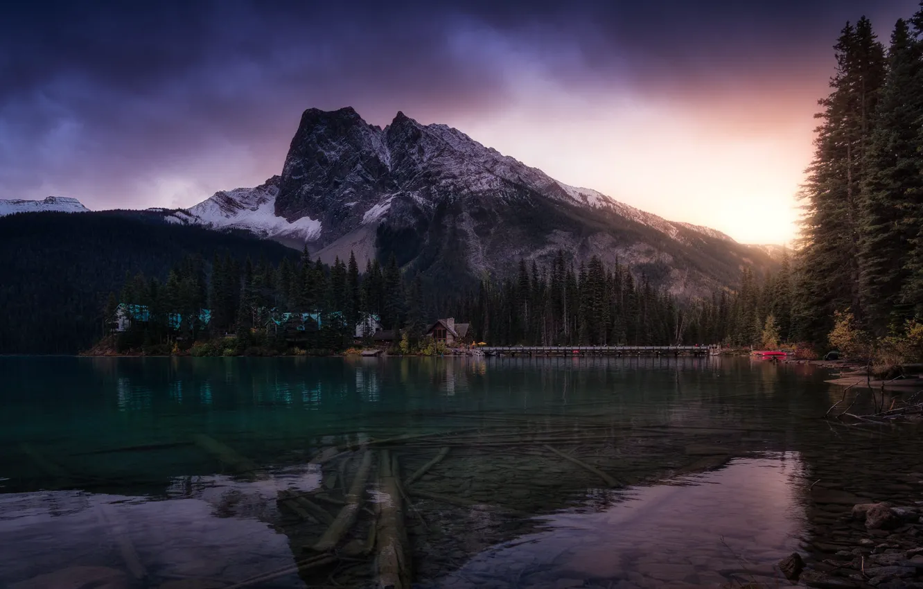 Photo wallpaper forest, the sky, clouds, light, snow, sunset, mountains, lake