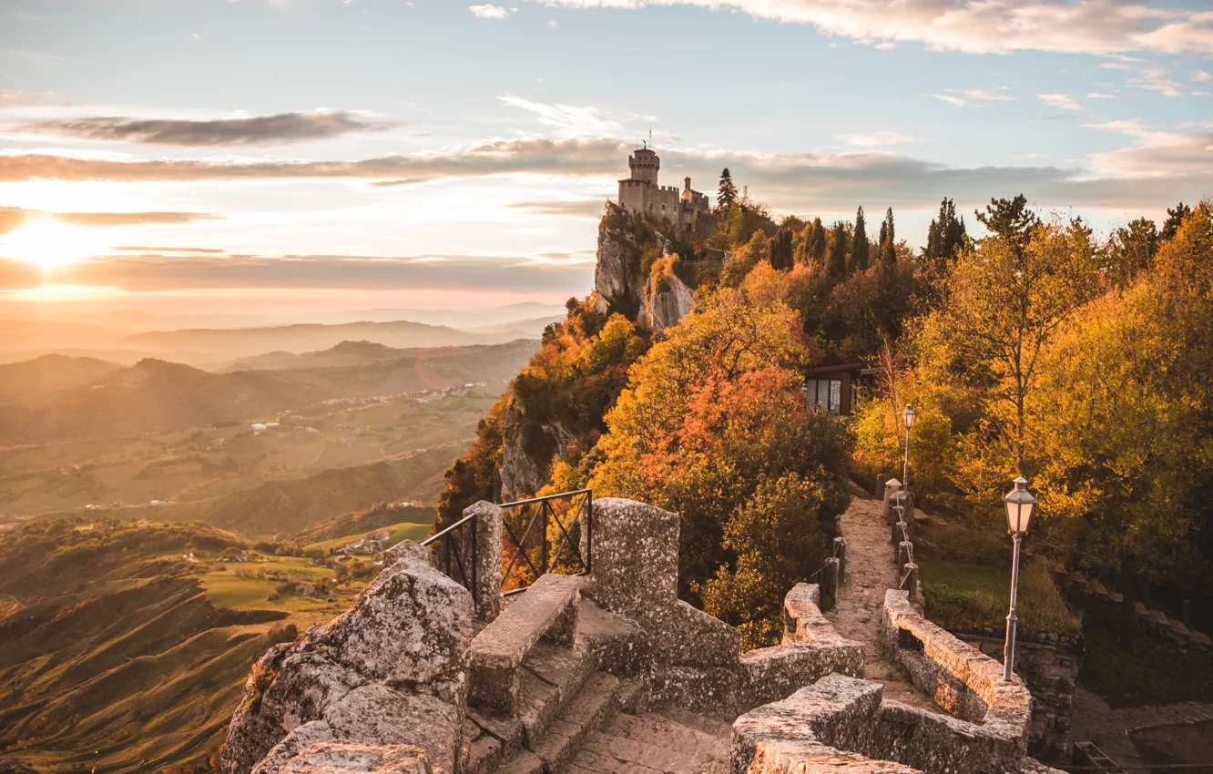 Photo wallpaper landscape, mountains, tower, San Marino