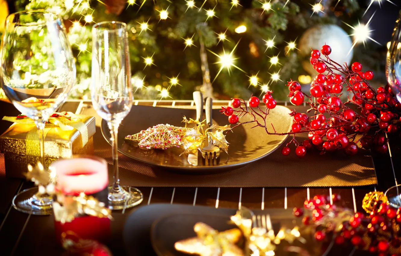 Photo wallpaper winter, berries, table, star, candles, devices, New Year, glasses