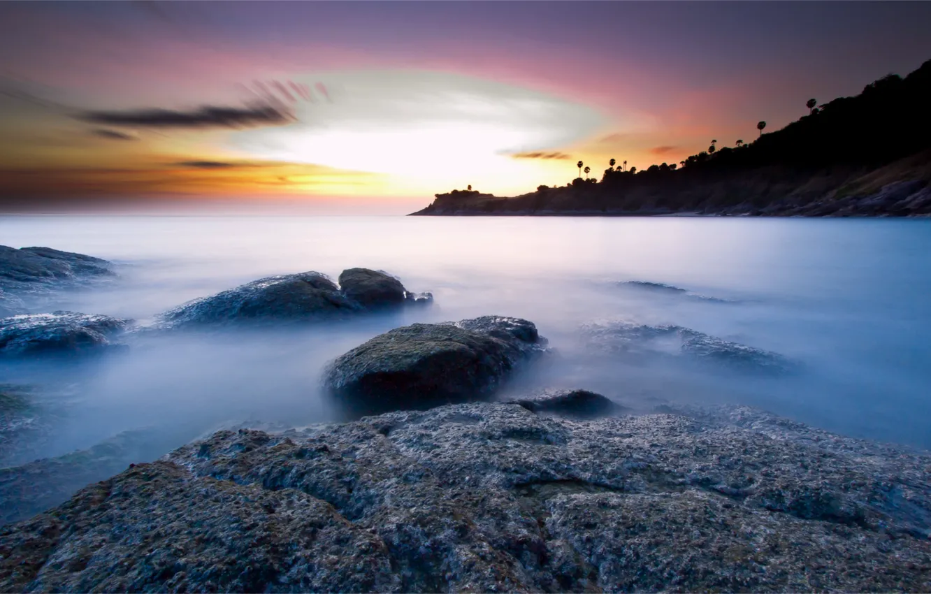 Photo wallpaper sea, the sky, sunset, stones, the ocean, shore, coast, island