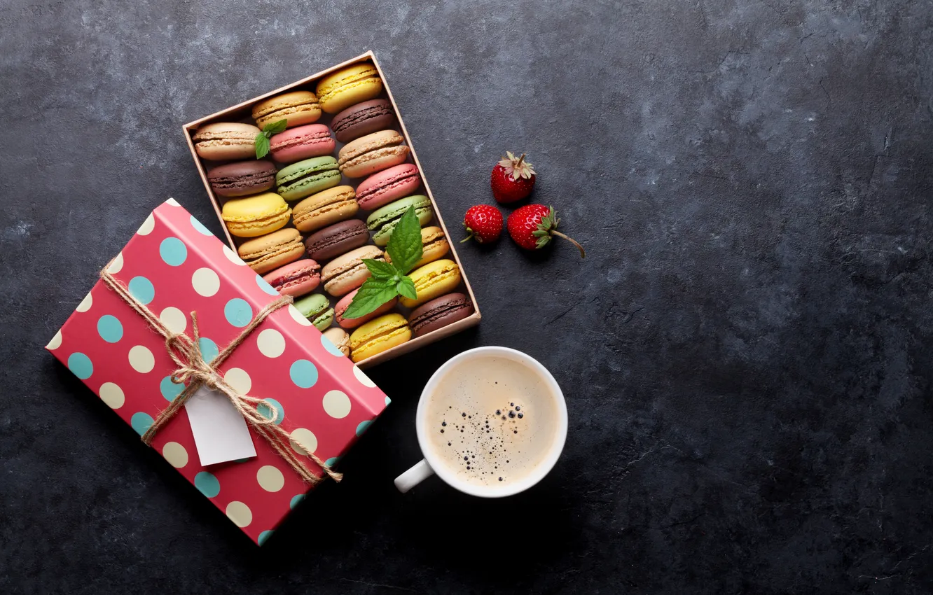 Photo wallpaper flowers, berries, gift, colorful, pink, flowers, coffee cup, macarons