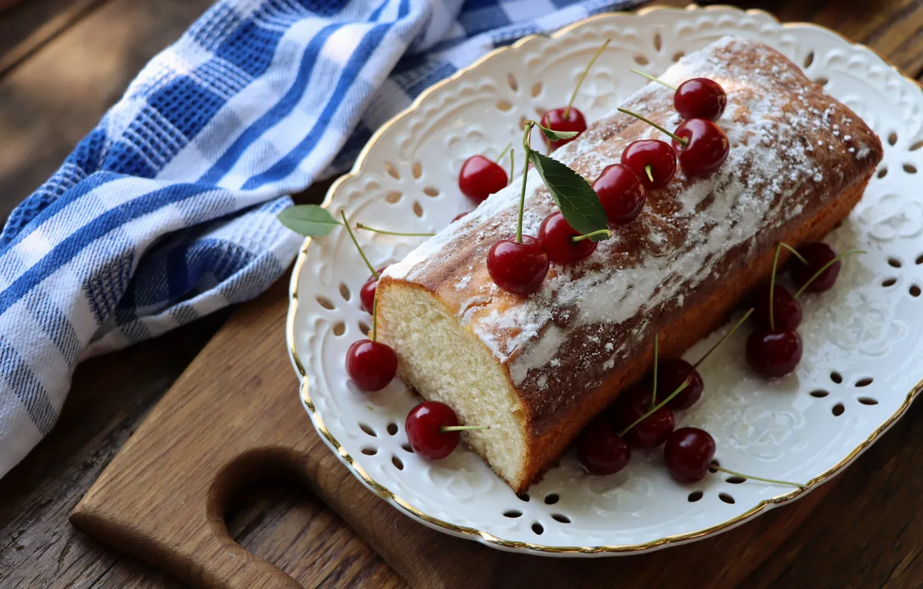 Photo wallpaper leaves, cherry, berries, table, Board, towel, plate, dessert